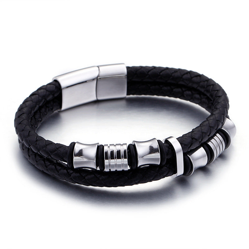 Aegis Double Band Leather Bracelet with Magnetic Clasp - Smooth Design, Fierce Presence