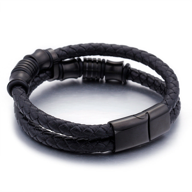 Aegis Double Band Leather Bracelet with Magnetic Clasp - Smooth Design, Fierce Presence