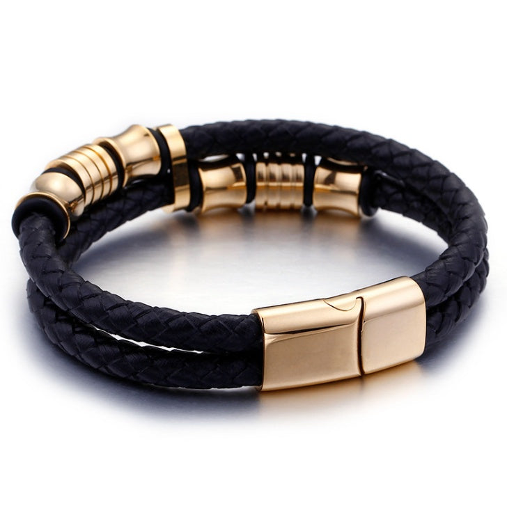 Aegis Double Band Leather Bracelet with Magnetic Clasp - Smooth Design, Fierce Presence