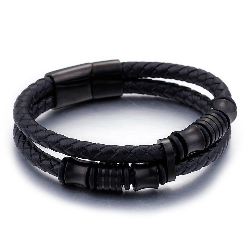 Aegis Double Band Leather Bracelet with Magnetic Clasp - Smooth Design, Fierce Presence